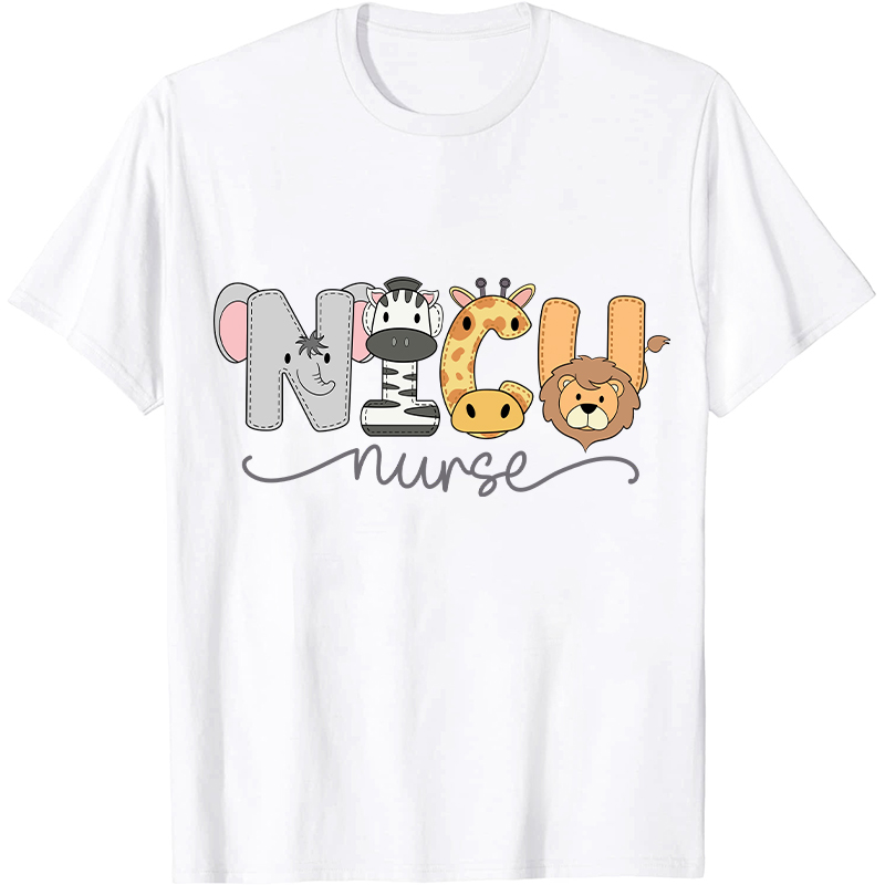 NICU Cartoon Zoo Animals Nurse T-Shirt