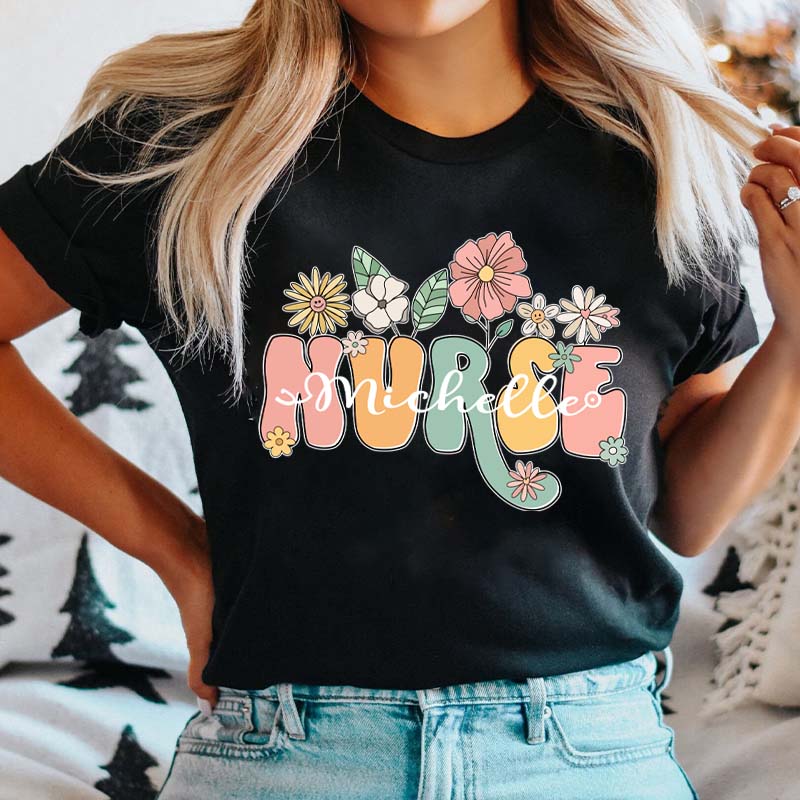 Personalized Name Wildflowers Nurse T-Shirt