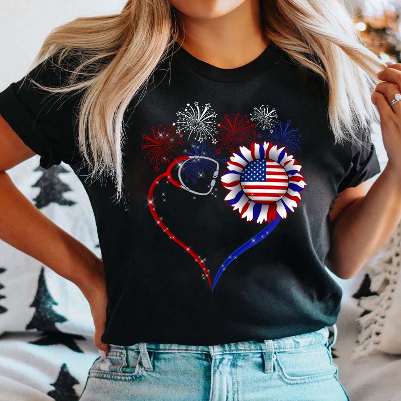 Fireworks Sunflower Stethoscope Nurse T-Shirt