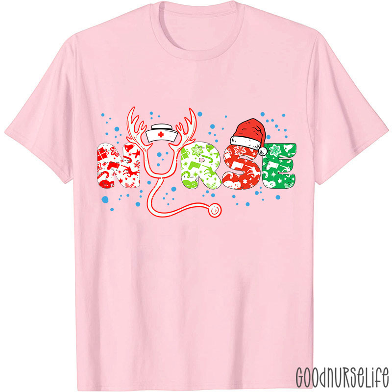 Christmas Icons Letters Reindeer Horns Nurse T-Shirt