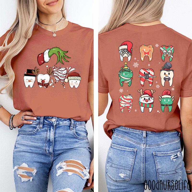Santa Teeth Green Hand Christmas Nurse Two Sided T-Shirt