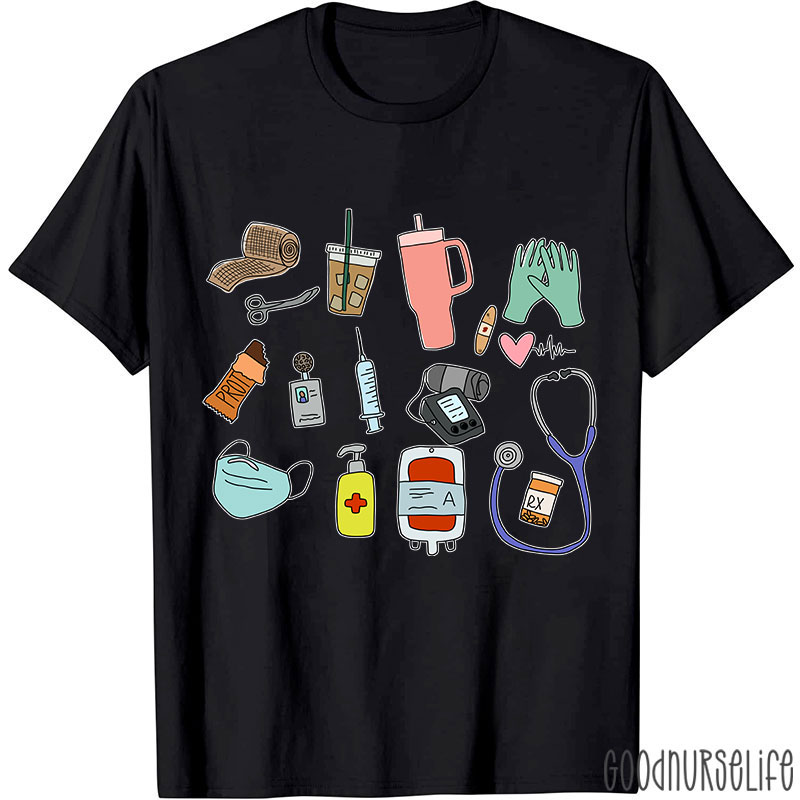 Stethoscope Coffee Mask Syringe Phone Nurse Daily Nurse T-Shirt
