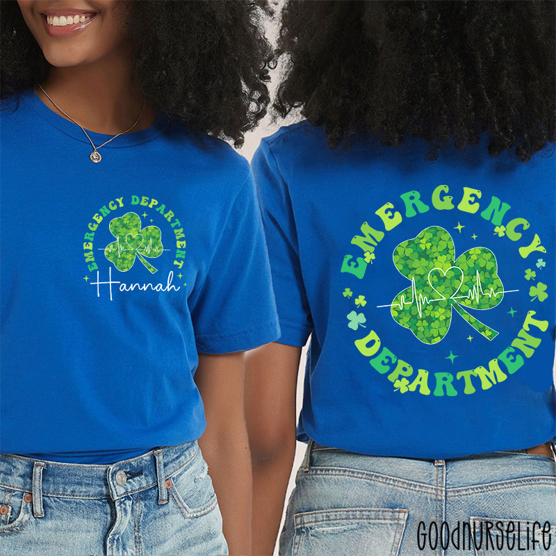 Personalized Green Clover Emergency Department Nurse Two Sided T-Shirt