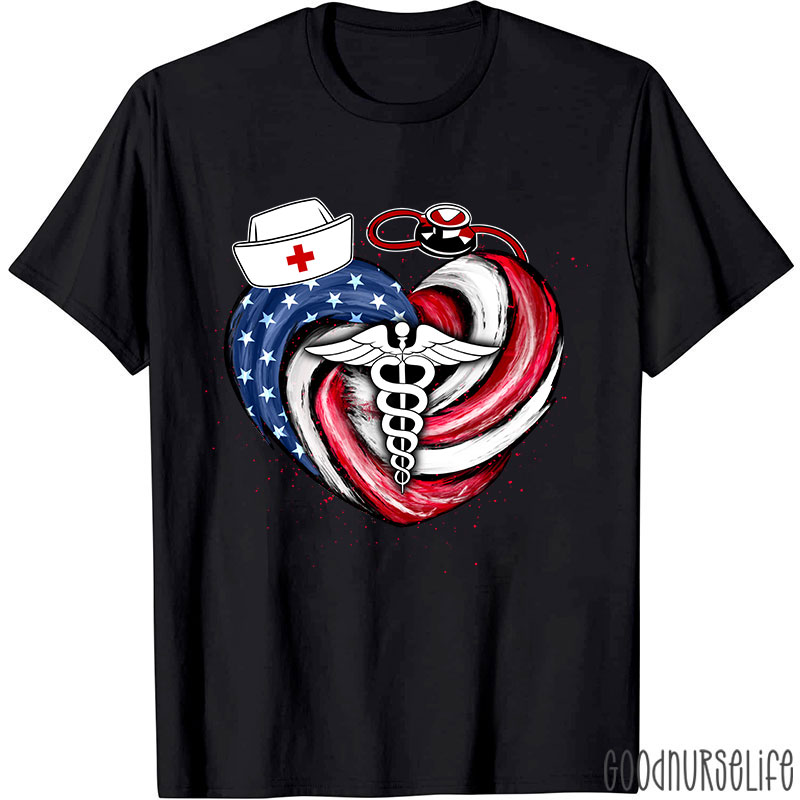 Heart-Shaped Stars And Stripes Vortex Nurse T-Shirt