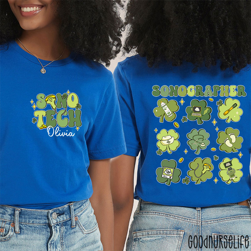 Personalized Name Sonographer St. Patrick's Day Nurse Two Sided T-Shirt