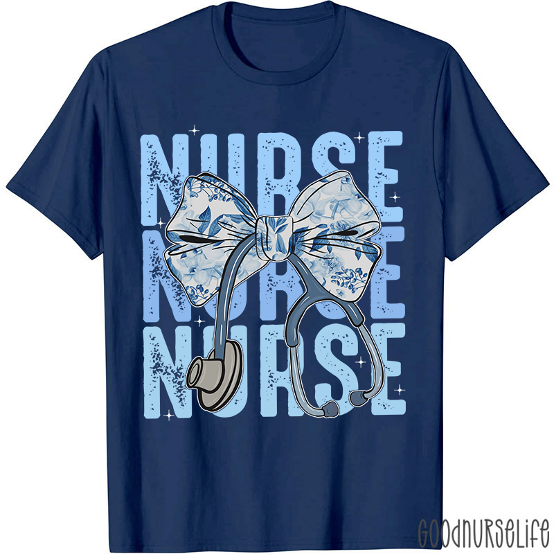 Blue Flowers Stethoscope Nurse T-Shirt