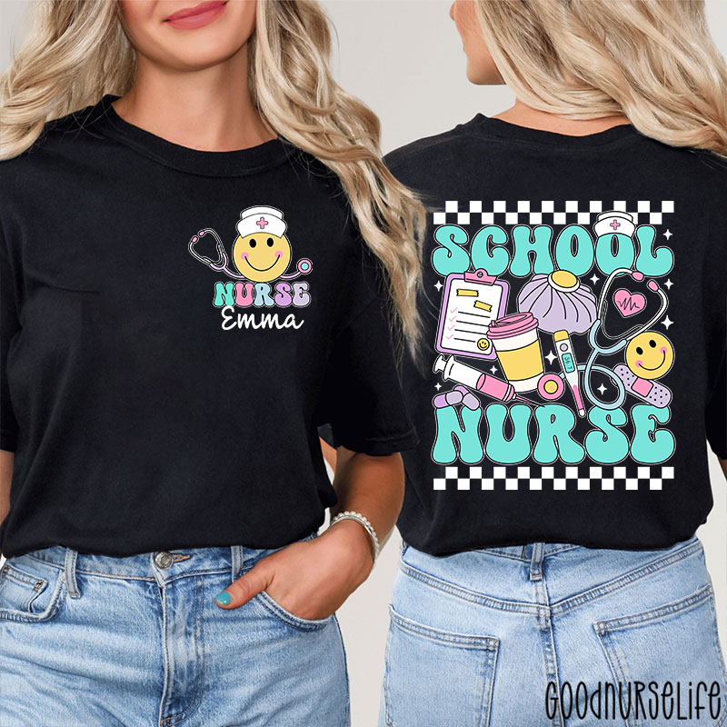 Personalized Checkerboard Smiley Face School Nurse Two Sided T-Shirt