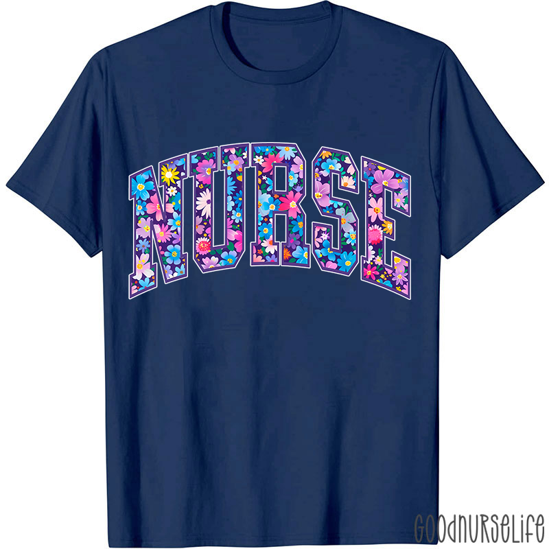 Flower Pattern Floral Nurse T-Shirt