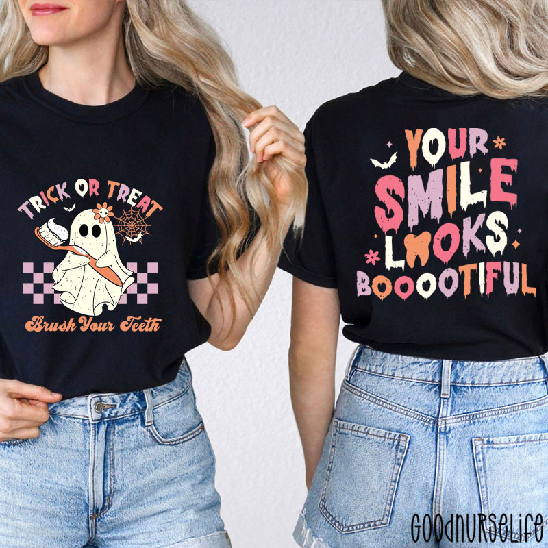 Trick Or Treat Brush Your Teeth Dentist Halloween Two Sided T-Shirt