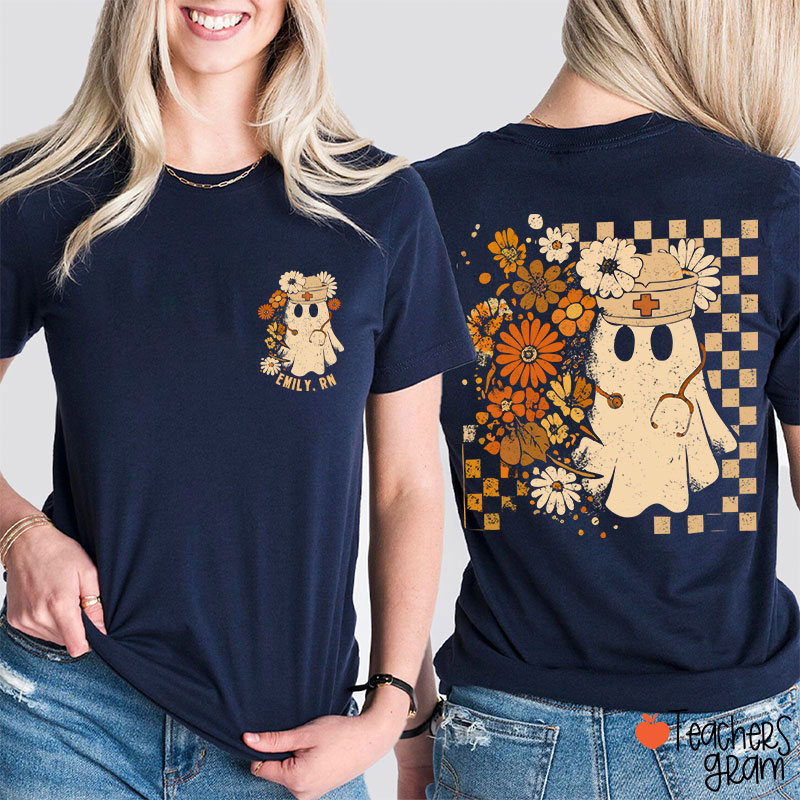 Personalized Checkerboard And Flower Ghost Nurse Two Sided T-Shirt