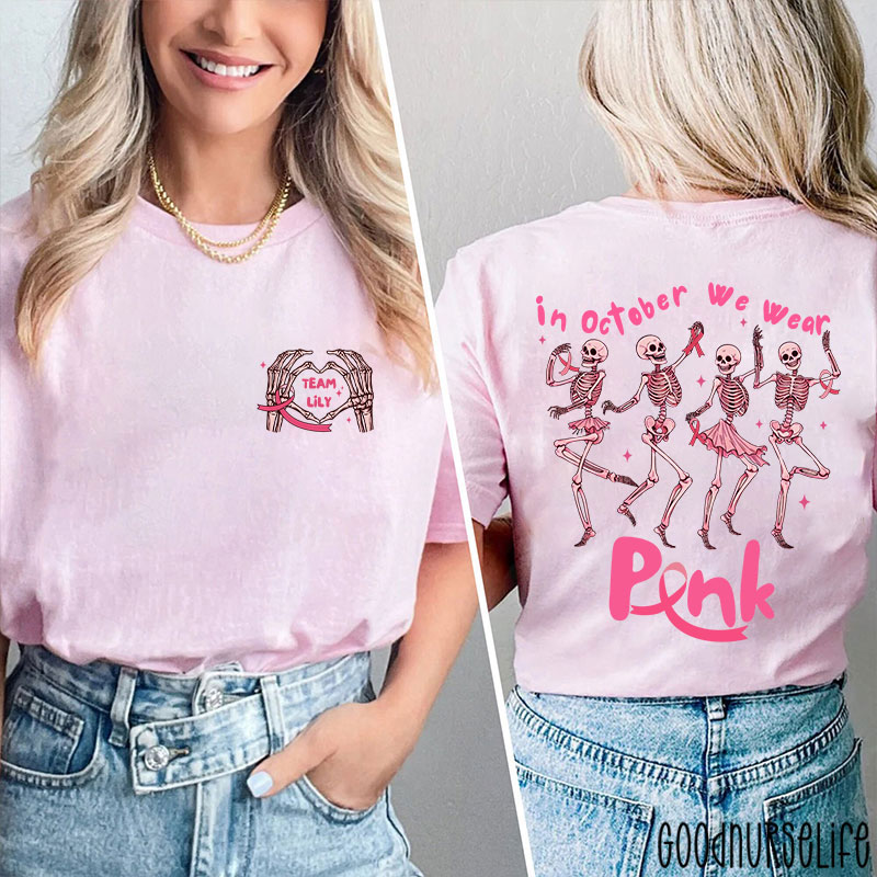 Personalized Dancing Skeletons For Breast Cancer Awareness Nurse Two Sided T-Shirt