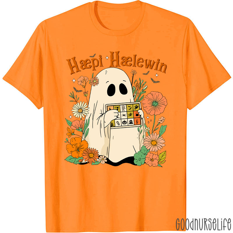 Happy Halloween Ghost With Floral T-Shirt