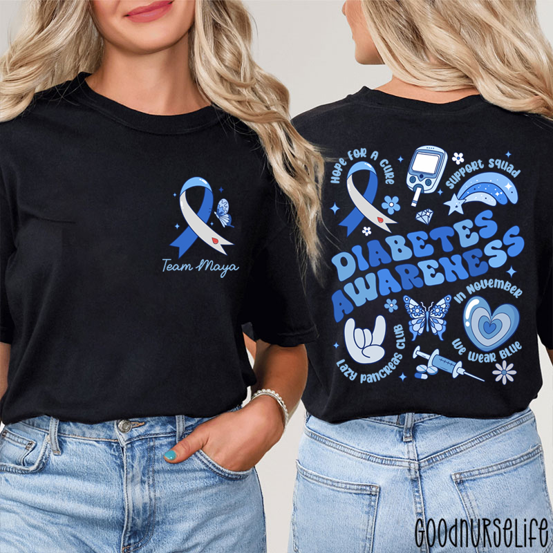 Personalized Festive Blue Diabetes Awareness Two Sided T-Shirt