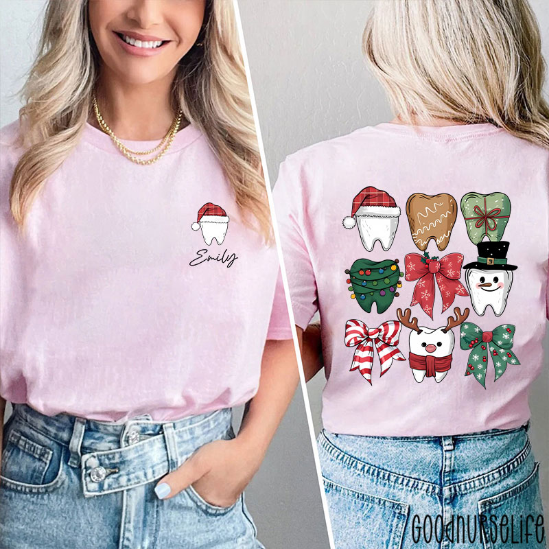 Personalized Christmas Dental Festive Tooth Nurse Two Sided T-Shirt