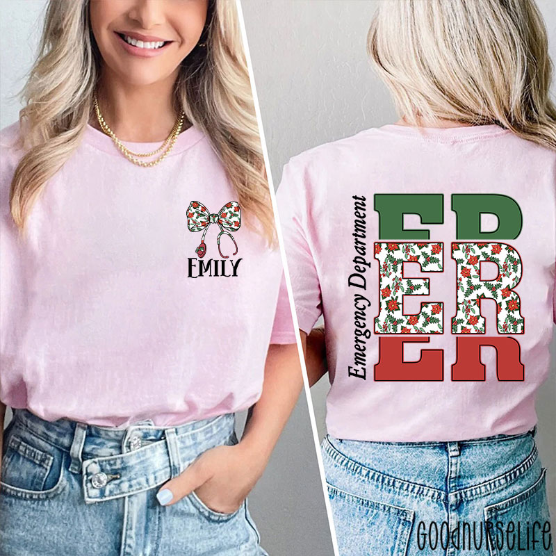 Personalized Christmas Bow And Stethoscope Christmas Floral Nurse Two Sided T-Shirt
