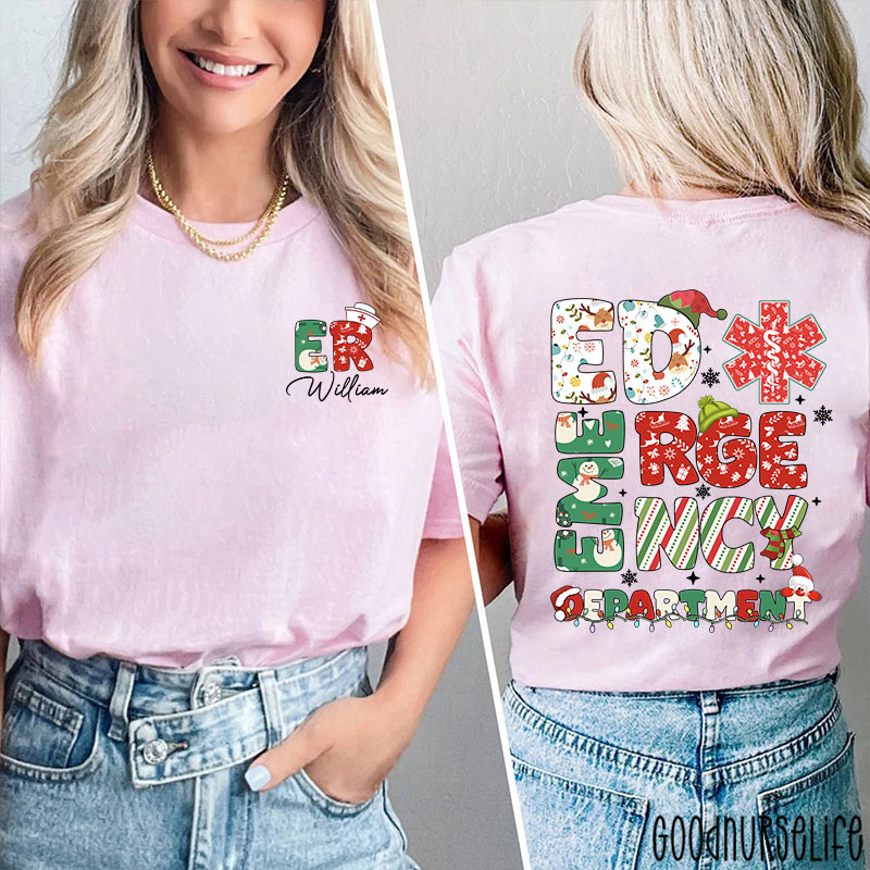 Personalized Festive ED Urgency Nurse Two Sided T-Shirt