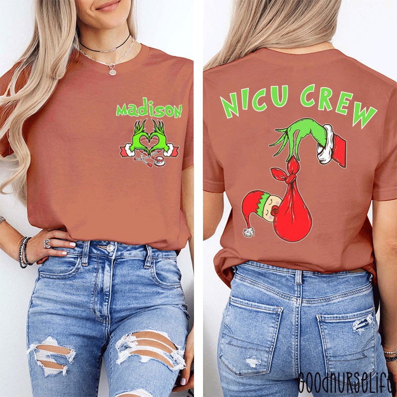 Personalized Name Holiday NICU Crew Nurse Two Sided T-Shirt