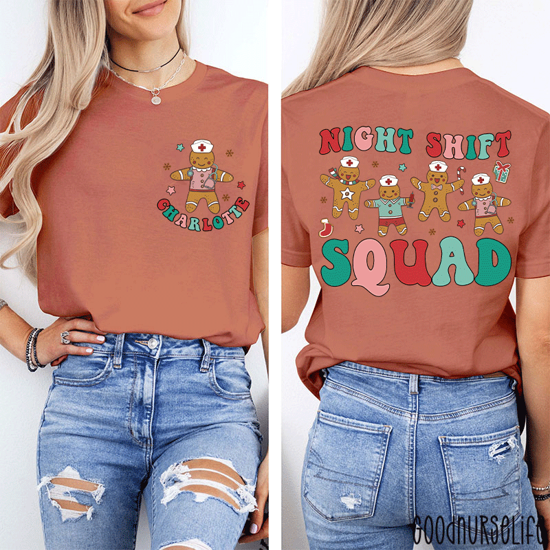 Personalized Night Shift Squad Gingerbread Nurse Two Sided T-Shirt