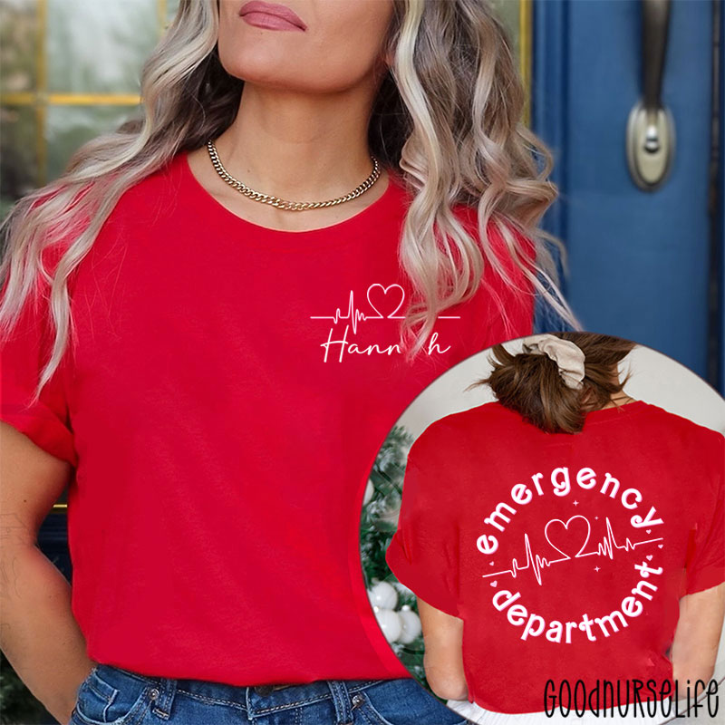 Personalized Name Heart Emergency Department Nurse Two Sided T-Shirt
