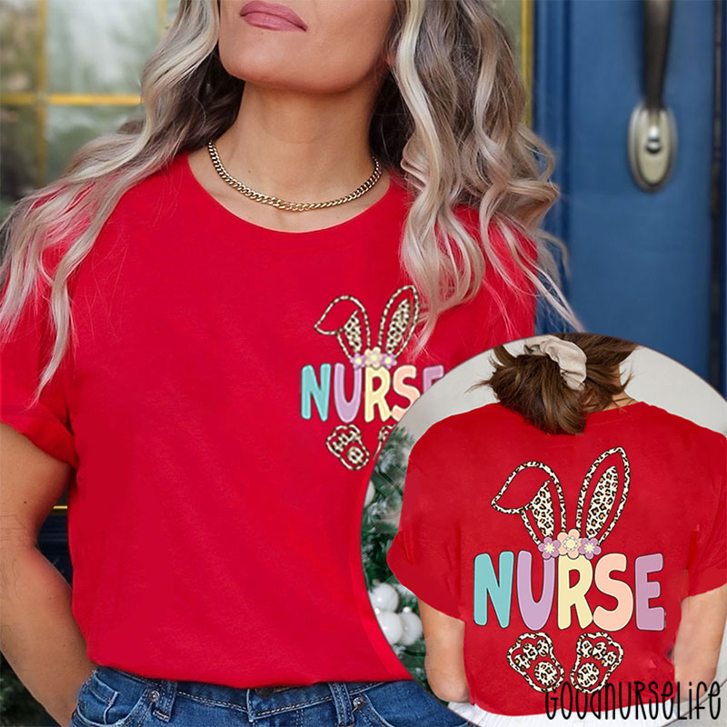 Leopard Bunny Hoppy Easter Nurse Two Sided T-Shirt