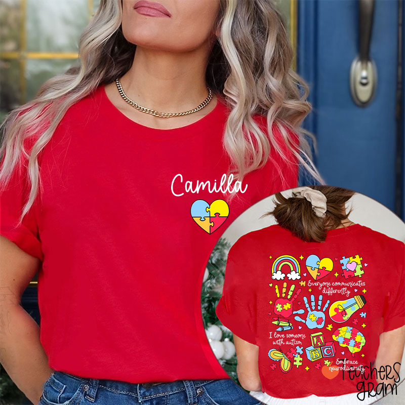 Personalized Name Everyone Communicates Differently Two Sided T-Shirt