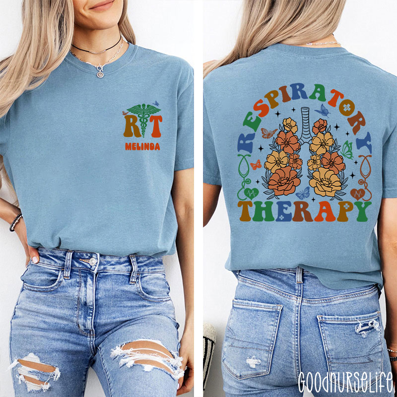 Personalized Name Flower Respiratory Therapy Two Sided T-Shirt