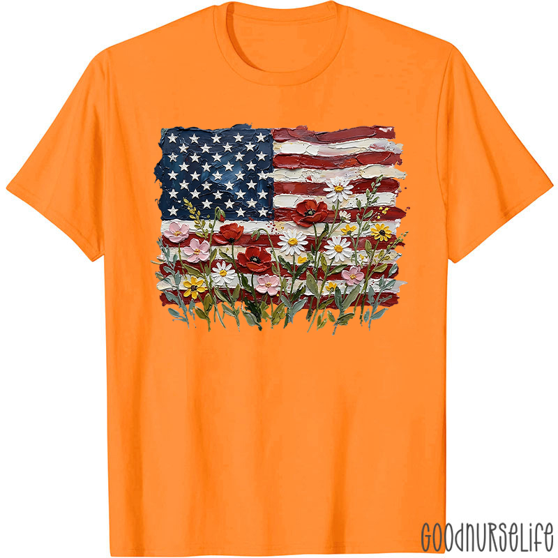 American Flag Floral Nurse T-Shirt