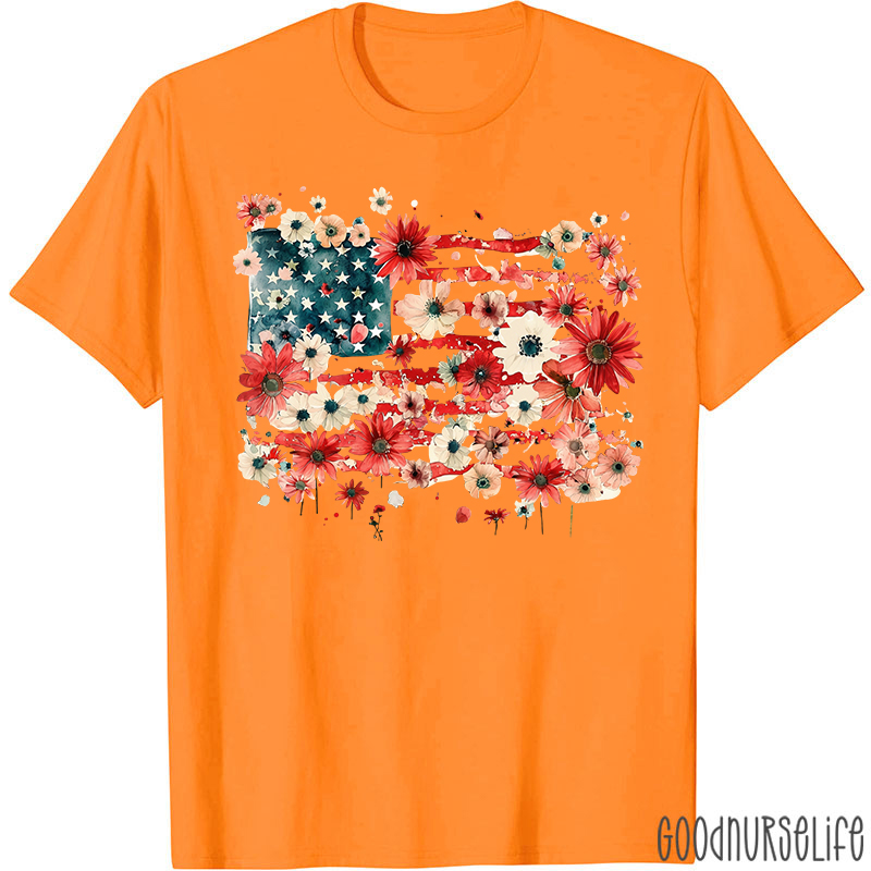 American Flag Floral Nurse T-Shirt