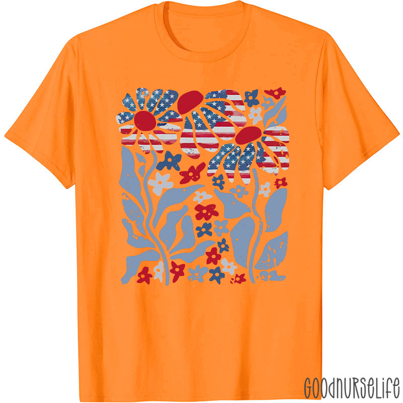 Boho Patriotic Daisy American Flag Floral Nurse T-Shirt