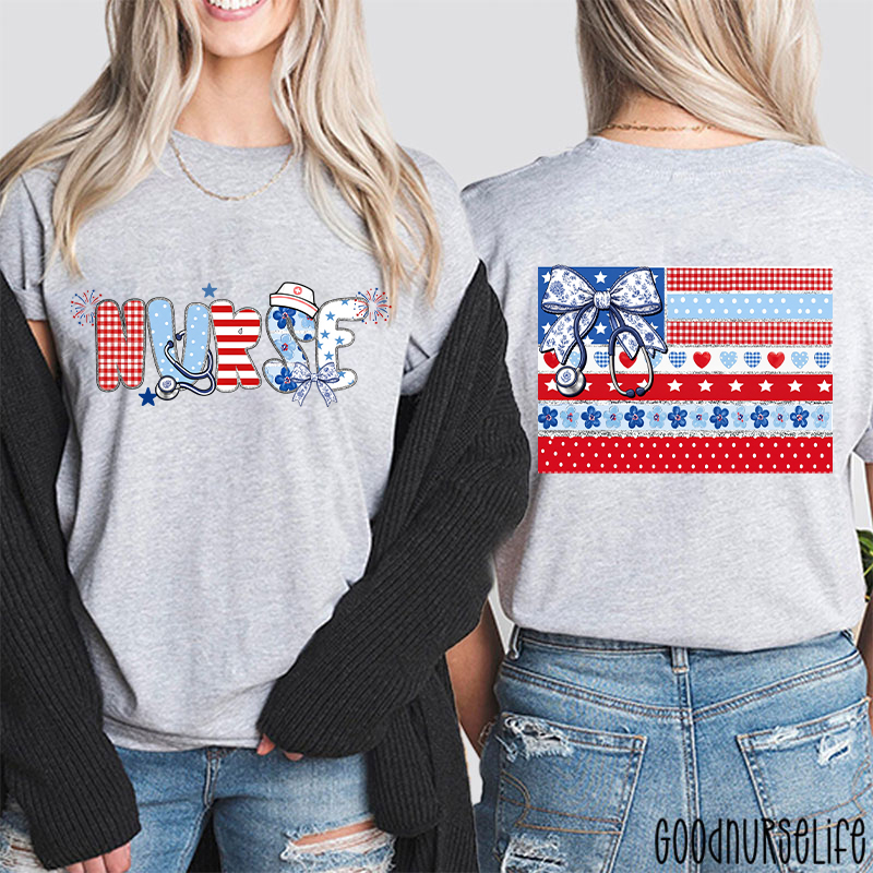 American Flag Floral Nurse Two Sided T-Shirt
