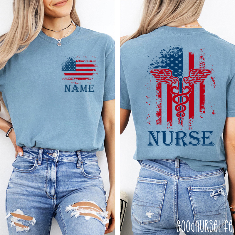 Personalized Name American Flag 4th Of July Nurse Two Sided T-Shirt