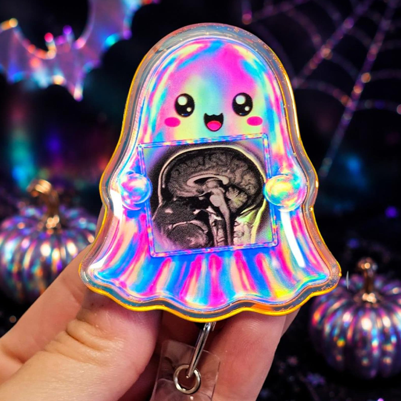 Cute Ghost Holding X‑Ray Scan Halloween Acrylic Badge Reel