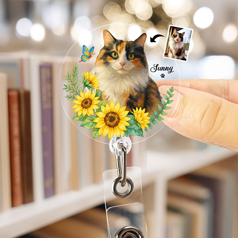Personalized Pet Portrait Flowers Nurse Badge Reel