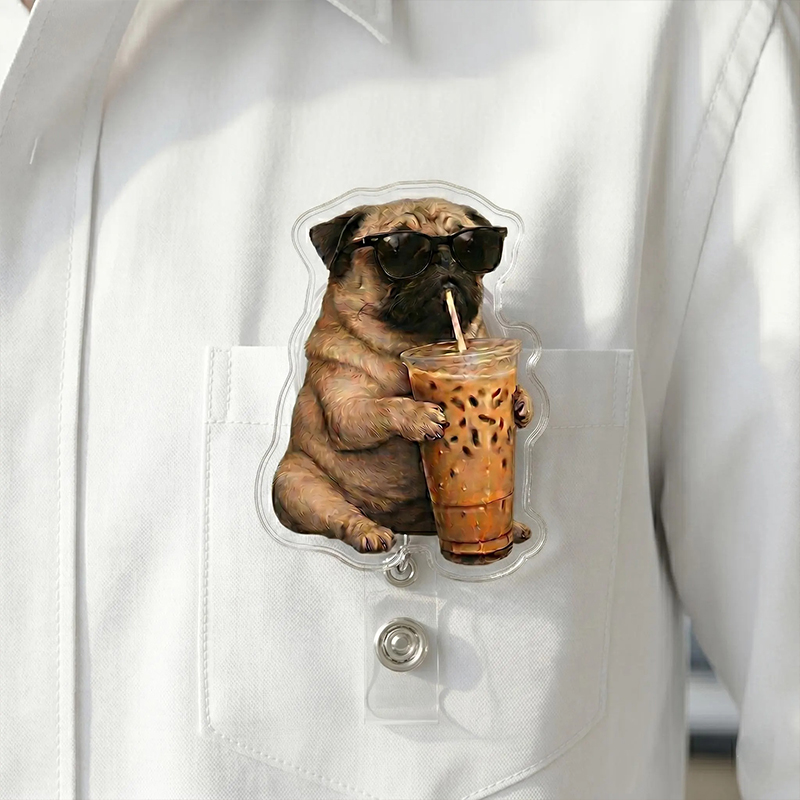 Funny Pug Drinking Iced Coffee Nurse Badge Reel