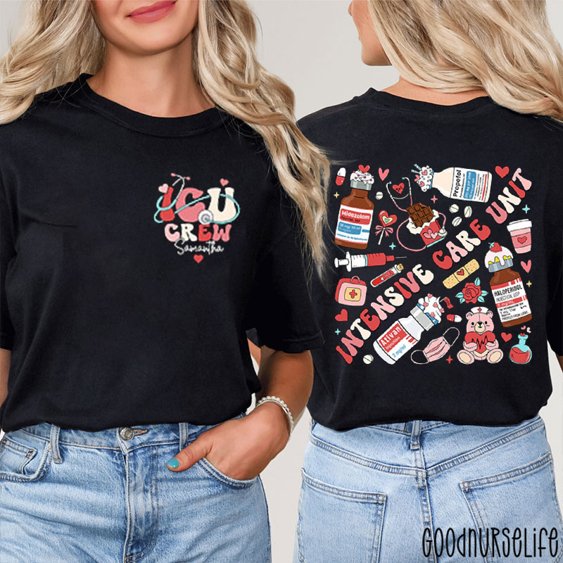 Personalized Name ICU Crew Nurse Two Sided T-Shirt