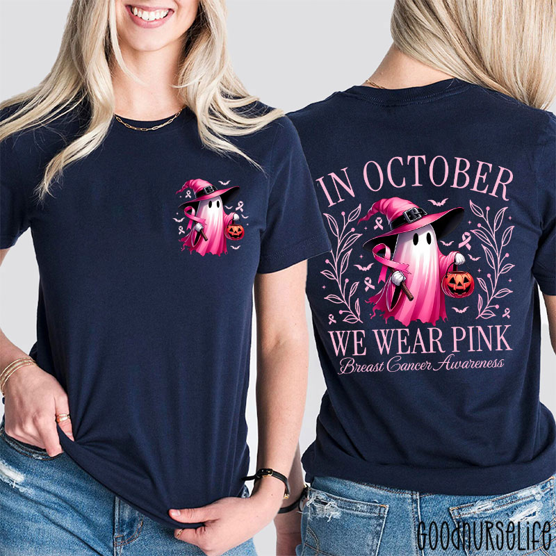Halloween Beautifully Ghost Picture Breast Cancer Awareness Two Sided T-Shirt
