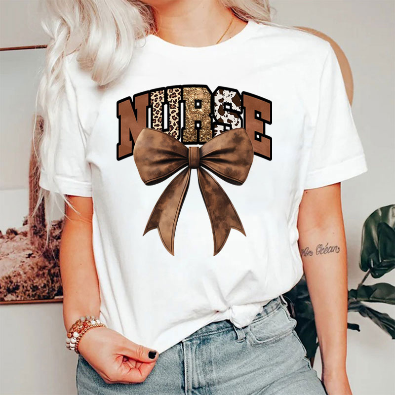 Western Gold Glitter Brown Leather Bow Nurse T-Shirt