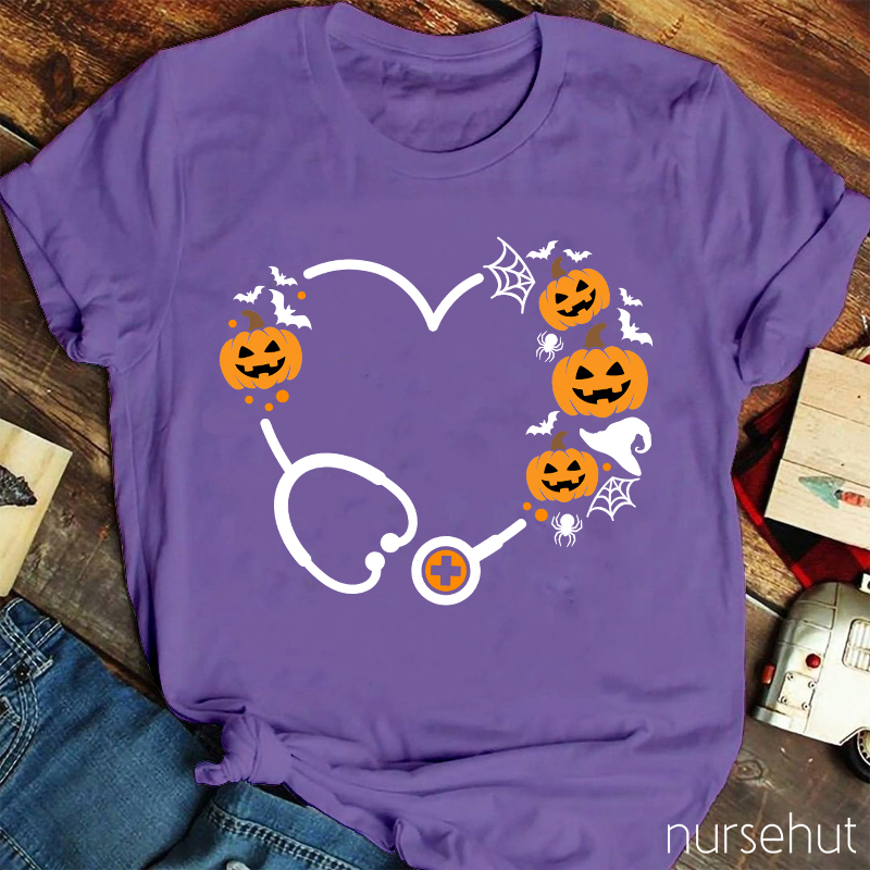 Halloween Pumpkin Stethoscope Heart Nurse T-Shirt