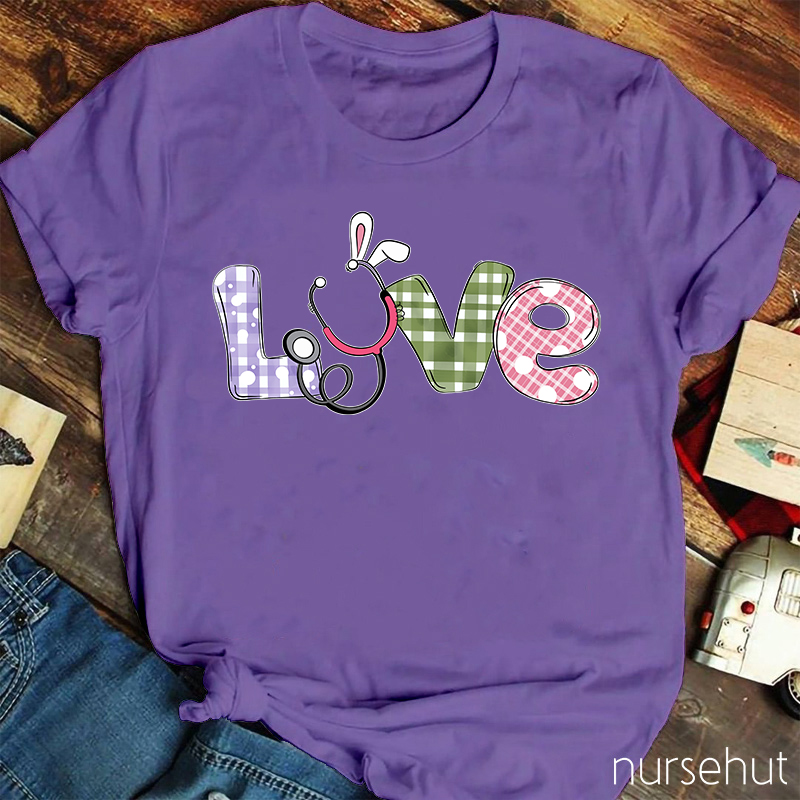 Colorful Plaid Bunny Ears Nurse T-Shirt