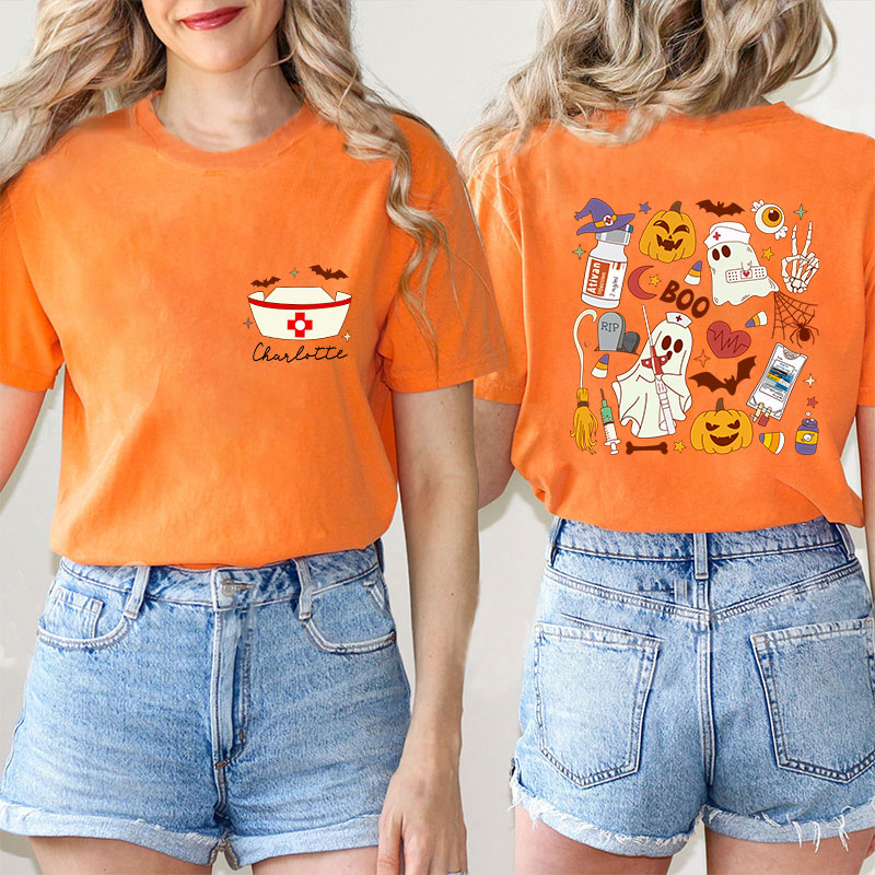 Personalized Name Halloween Boo Nurse Two Sided T-Shirt