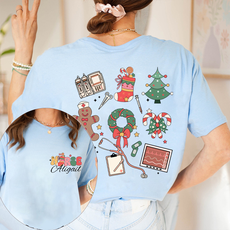 Personalized Name Merry Christmas Nurse Two Sided T-Shirt