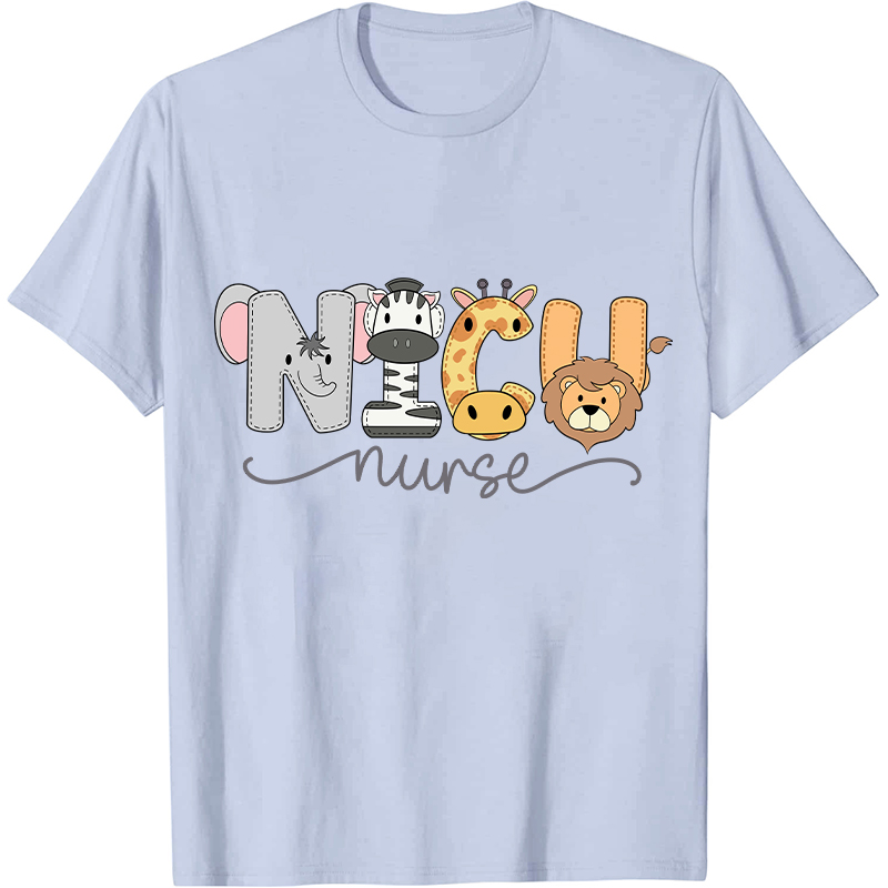 NICU Cartoon Zoo Animals Nurse T-Shirt