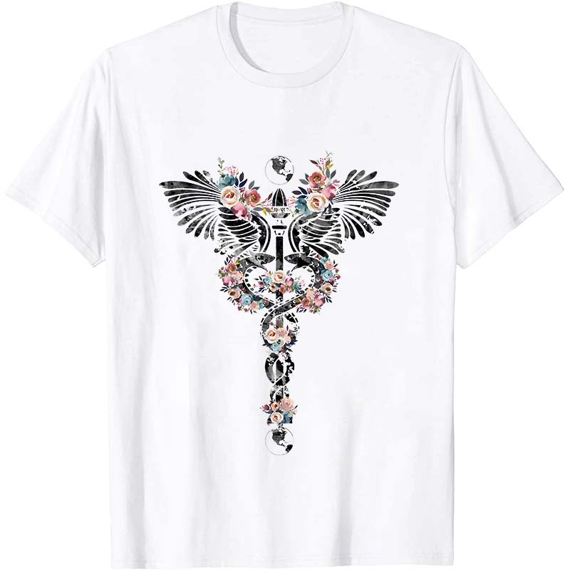 Floral Rod Of Asclepius Nurse T-Shirt