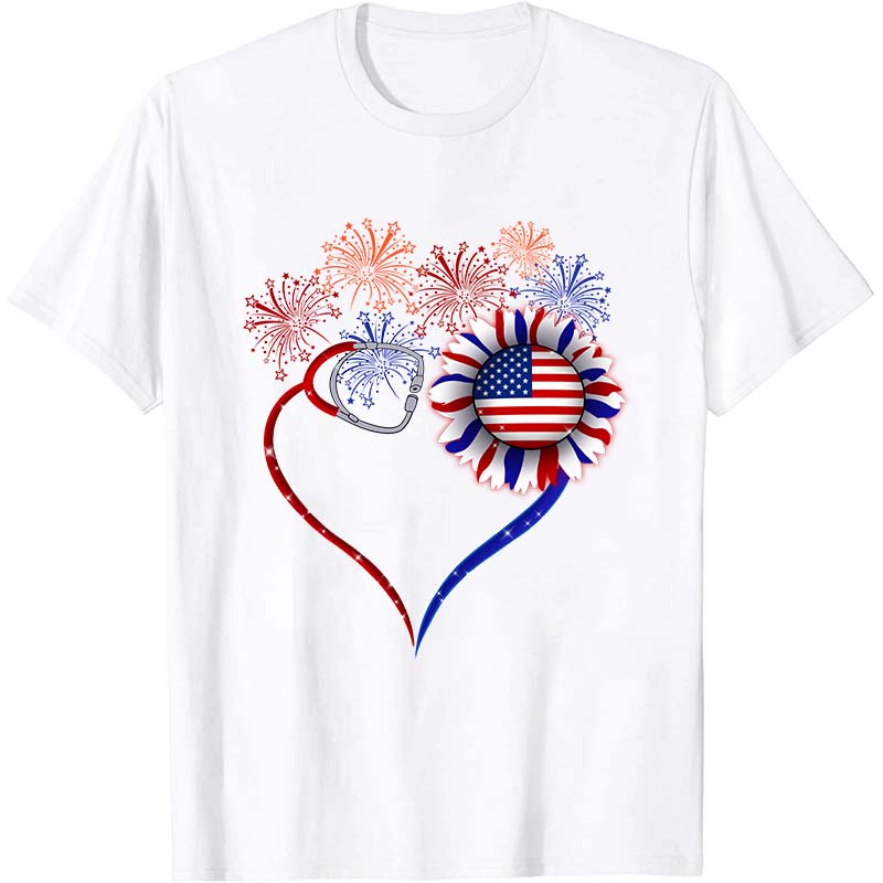 Fireworks Sunflower Stethoscope Nurse T-Shirt