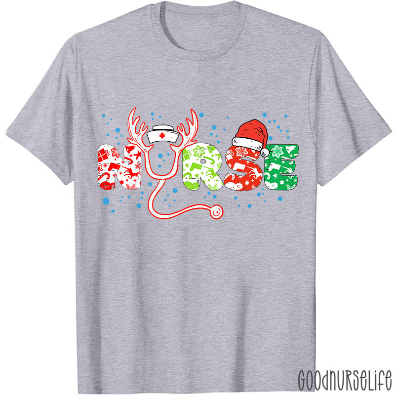 Christmas Icons Letters Reindeer Horns Nurse T-Shirt