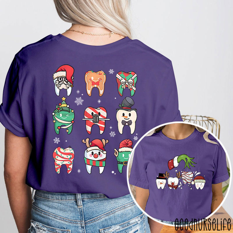 Santa Teeth Green Hand Christmas Nurse Two Sided T-Shirt