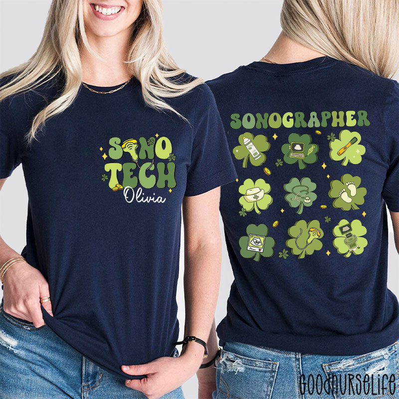 Personalized Name Sonographer St. Patrick's Day Nurse Two Sided T-Shirt