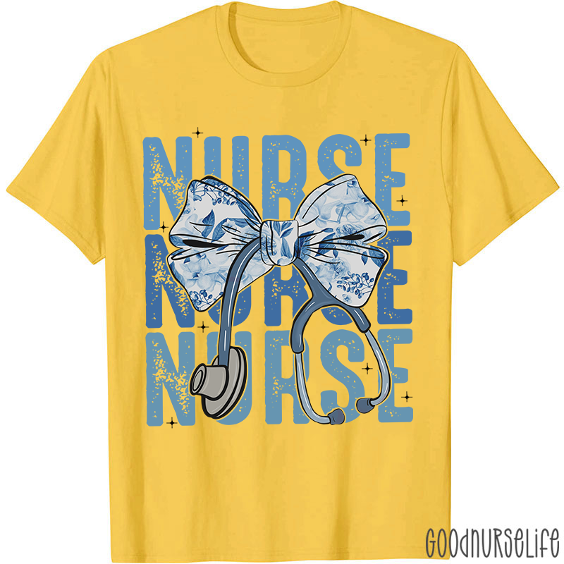 Blue Flowers Stethoscope Nurse T-Shirt