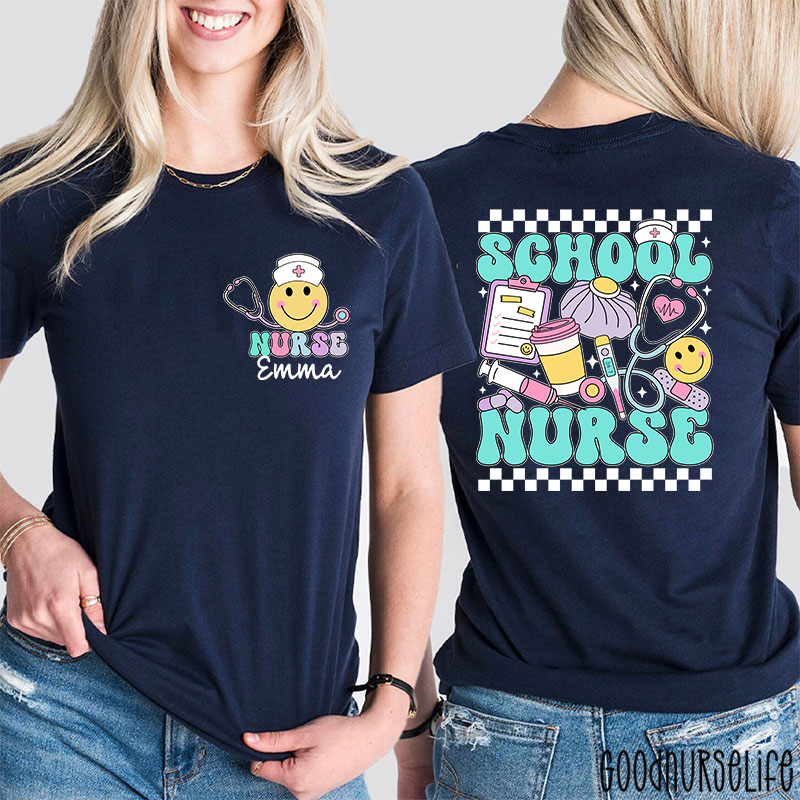 Personalized Checkerboard Smiley Face School Nurse Two Sided T-Shirt