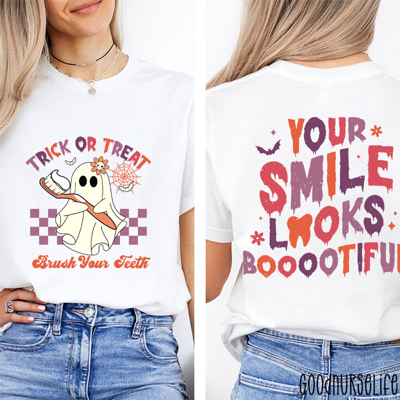 Trick Or Treat Brush Your Teeth Dentist Halloween Two Sided T-Shirt